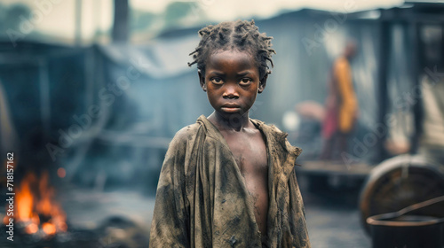 Portrait of a dark-skinned girl in the slums. A little girl looks at the camera with sad emotions. The problem of hunger and poverty in Africa.