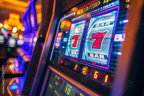 A vibrant slot machine beckons with the lucky number seven, enticing players to try their luck at this thrilling casino game in the bustling arcade