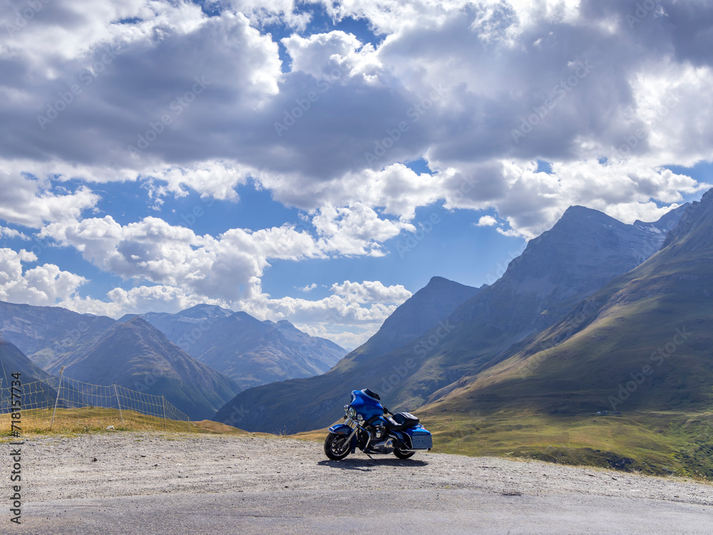 Motorbike on Route des Grandes Alpes near Col de l'Iseran, Savoy, France