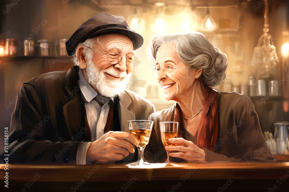 Elderly Couple Enjoying Wine Together in a Painting