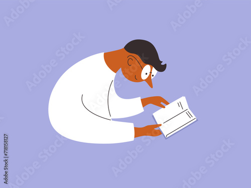 Young man with glasses reading holding book in hand. Male character relaxing. Books lover concept. Boy looks at page with interest reads literature story. Book club vector illustration. Literacy day