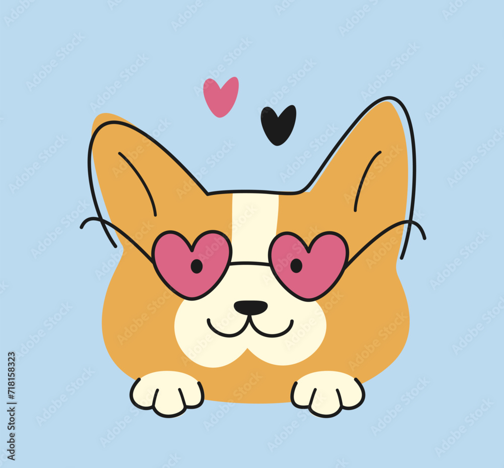 Cute dog for Valentines Day. Adorable face of little corgi puppy wearing stylish heart shaped glasses. Romance, love and tenderness. Cartoon flat vector illustration isolated on blue background