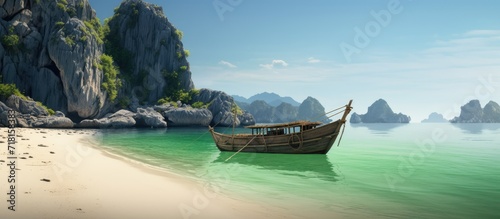 Green, blue sea in the middle between two limestone hills and a wooden ship leaning on a white sand beach, clean bright atmosphere © waliyah