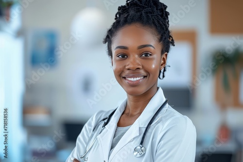A young woman stands confidently in her white coat, her smiling face a symbol of warmth and determination against the stark wall behind her