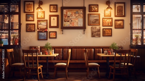 mockup poster frame with a vintage-style frame, displayed in a charming cafe interior with rustic furniture and cozy lighting