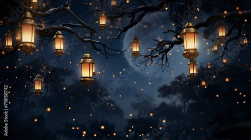  Ethereal Night with Lanterns and a Crescent Moon