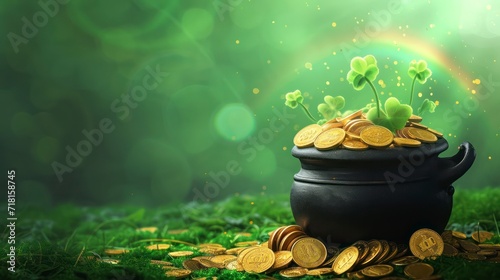 Black pot full of gold coins and shamrock leaves for st. patrick's day. Generative AI