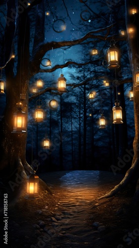  Ethereal Night with Lanterns and a Crescent Moon