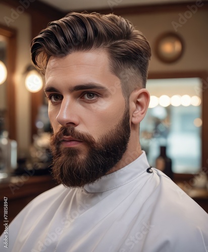 handsome bearded male in a hairdresser salon, Men's beard and hairstyle at a hairdressing shop