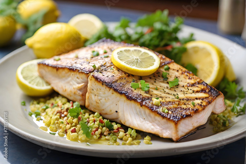 Fresh and delicious mahi mahi fish with lemon slices on a plate