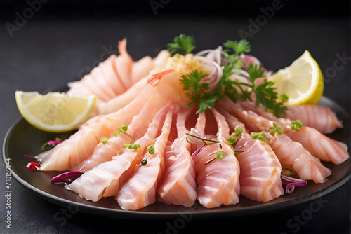 A plate of fresh delicious slice seafood fillet sashimi with onion and lemon isolated on dark background