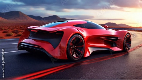 Reb7 car, chrome red, futuristic, high technology, innovation, aerodynamics, great performance, low energy consumption. Rear view of the curve at dusk. © reb7design