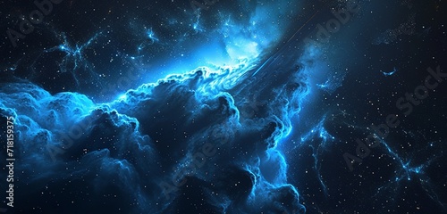 An abstract concept of a space elevator, silk waves in starry blacks and cosmic blues, ascending towards a starlit sky.