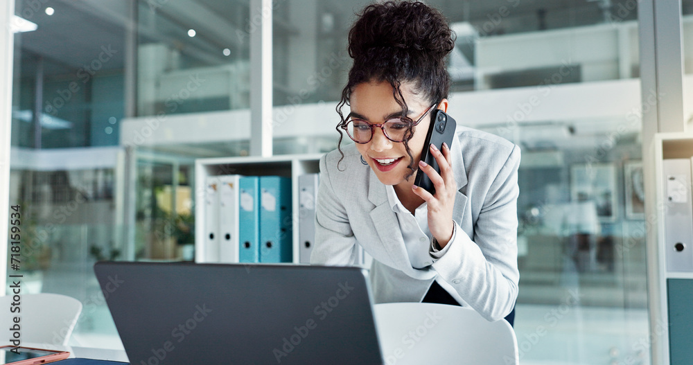 Phone call, laptop and happy corporate woman, advocate or attorney smile for online results, proposal or settlement deal. Conversation, mobile cellphone and lawyer consulting on legal project report - obrazy, fototapety, plakaty 