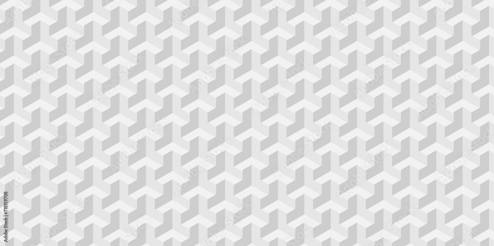 Naklejka premium Seamless white and gray pattern Abstract cubes geometric tile and mosaic wall or grid backdrop hexagon technology. white and gray geometric block cube structure backdrop grid triangle background.