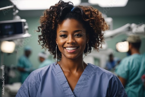 African American surgeon displays her happiness with a wide smile in the operating room of the hospita