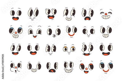 Set of 70s groovy comic faces vector. Collection of cartoon character faces, in different emotions. Groovy stickers.