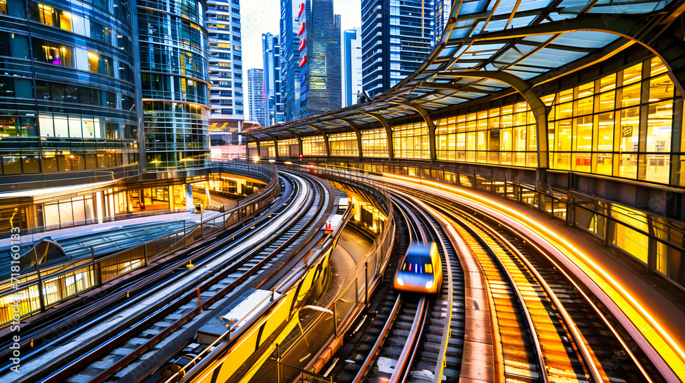 Obraz premium Modern City Transportation, Fast Moving Train in Urban Landscape, Night Cityscape and Railway Travel