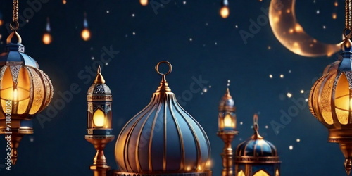 3d Crecent moon and lantern for Ramadan and Eid background design template with mosque for Muslim festival