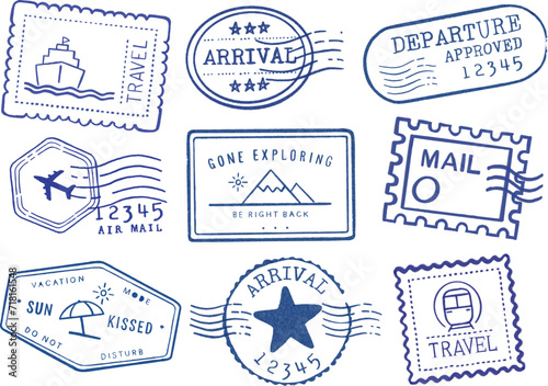 Collection of stamps or badges hand drawn Illustration - Arrival, Departure, Airmail, Travel, Vacation