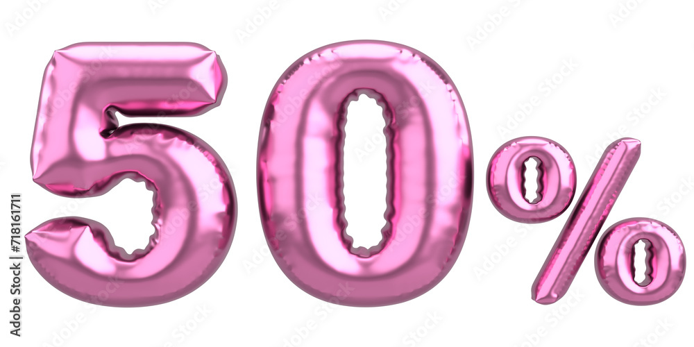 Fifty percent. 50% balloon text. 3D illustration. Fifty percent. 50% balloon text. 3D illustration.