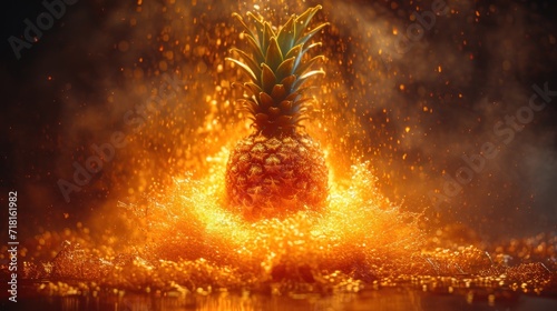  a pineapple engulfed in flames on a black background The pineapple is in the center of the image, with the flames radiating outward from its center The flames are photo