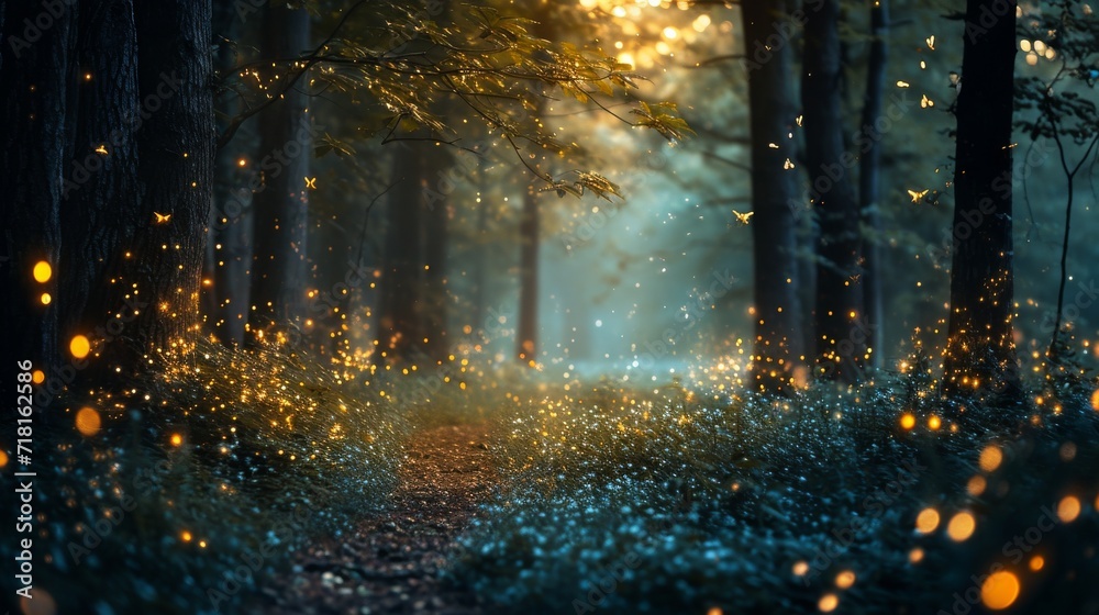 Fireflies Illuminating a Lush Forest as They