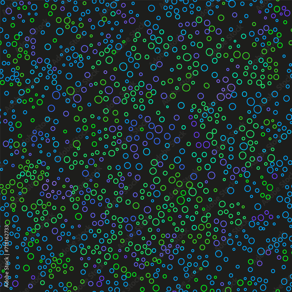 Many small neon multicolored bubbles on black background. Abstract seamless pattern. Colorful background with different circles. Decorative design element. Minimalist print for your design projects.