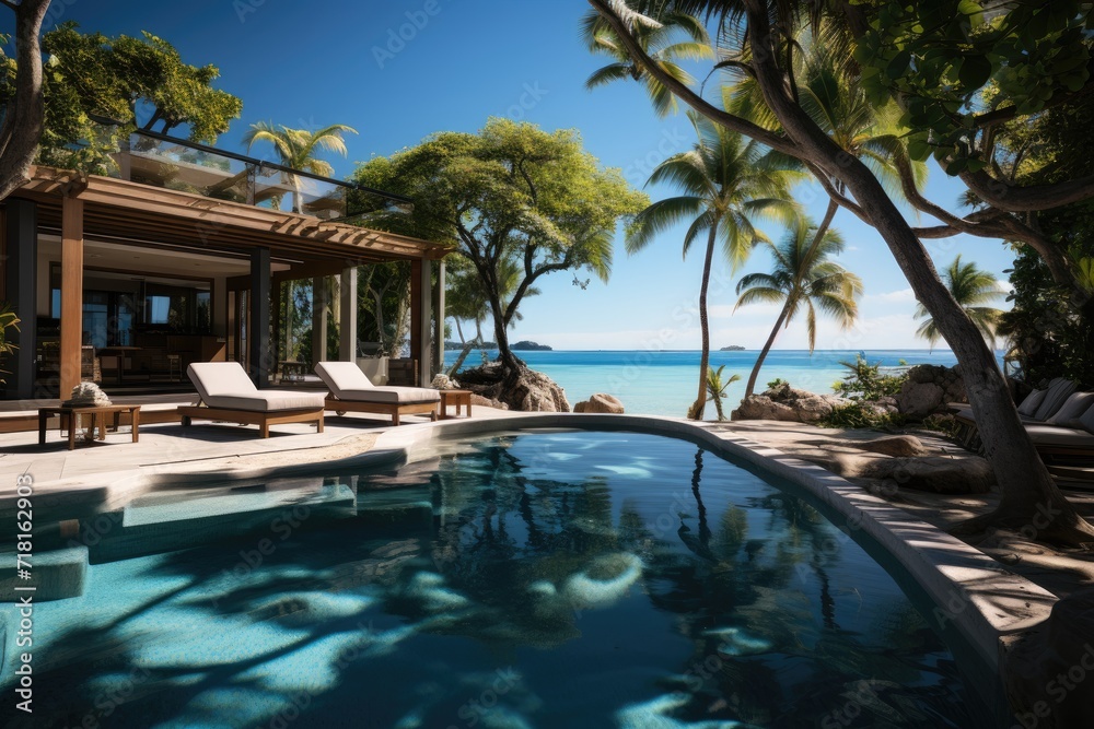 Modern Luxury Villa with Pool. Luxury beach resort, bungalow near endless pool over sea sunset, evening on tropical island, summer vacation concept