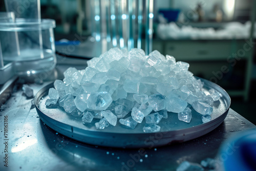 Metal plate with crystal meth crystals in a laboratory - Generative AI photo