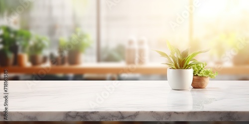 Marble table top with blurred kitchen background for product presentation.