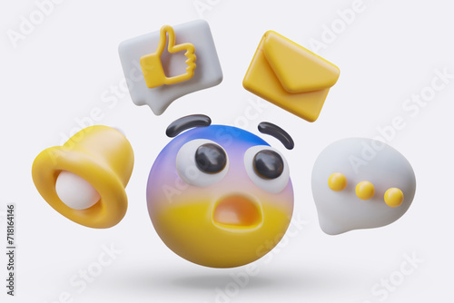3D emoticon with blue forehead, signs of comment, messenger, letter, bell, like. Confused user. Screaming in fear. Multitasking, large number of messages. Vector color poster