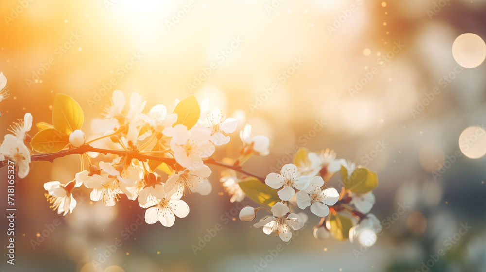 Ambiance printanière, fleurs blanches, sur les branches d'un arbre, cerisier. Arrière-plan de flou et lumière claire, ensoleillé. Printemps, été. Pour conception et création graphique - obrazy, fototapety, plakaty 