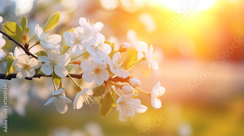 Ambiance printanière, fleurs blanches, sur les branches d'un arbre, cerisier. Arrière-plan de flou et lumière claire, ensoleillé. Printemps, été. Pour conception et création graphique photo