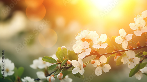 Ambiance printanière, fleurs blanches, sur les branches d'un arbre, cerisier. Arrière-plan de flou et lumière claire, ensoleillé. Printemps, été. Pour conception et création graphique