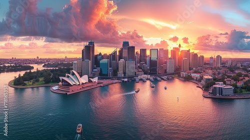 Sydney cityscape at sunset with Sydney Opera House and Sydney Harbour Bridge, ai generative photo