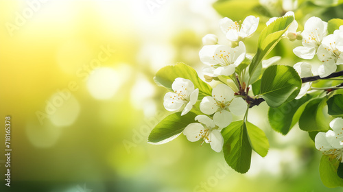 Ambiance printanière, fleurs blanches, sur les branches d'un arbre, cerisier. Arrière-plan de flou et lumière claire, ensoleillé. Printemps, été. Pour conception et création graphique photo