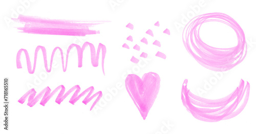 Marker Drawing-like Wavy Lines, Stripes, Cricle and Heart. No Background. Pastel Pink Freehand Abstract Doodle. Light Pink Childish Scribbles.