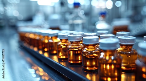 Pharmaceutical facility with automated production line of vaccines and liquid medicines. Row of sterile vaccine vials on a conveyor belt. Pharmaceuticals, medicine, vaccination, automated technology.