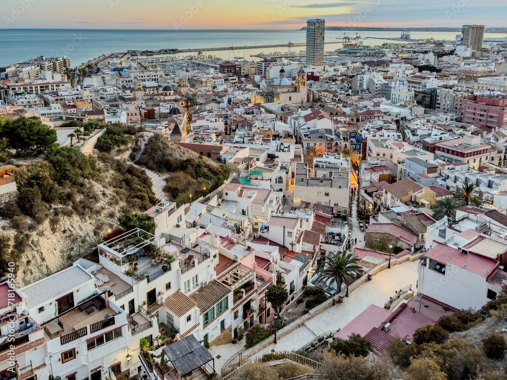 Alicante during sunset, aerial view of the old town Santa Cruz, Spain