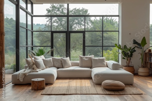 Interior of cozy spacious eco-friendly living room in luxury villa. Soft natural hues  comfortable sofa  wooden and wicker furniture  indoor plants  panoramic windows with forest view.