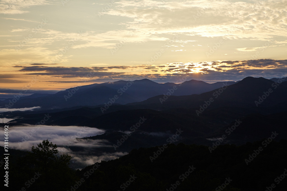 Misty Sunrise Over Smoky Mountains, Golden Sky View