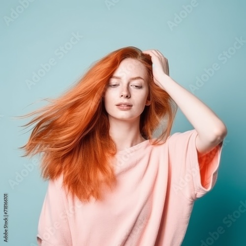 Woman with fiery red hair wearing a pink T-shirt on a blue background, casual beauty. Concept: personal confidence or hair styles