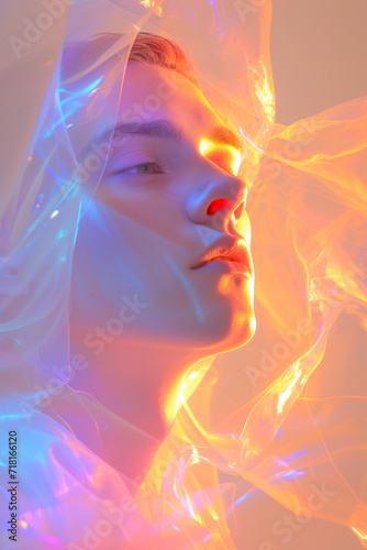 Androgynous boy shrouded in holographic foil in enigmatic lighting - Generative AI