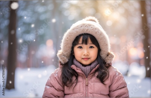 Child with winter snow forest, winter natural background