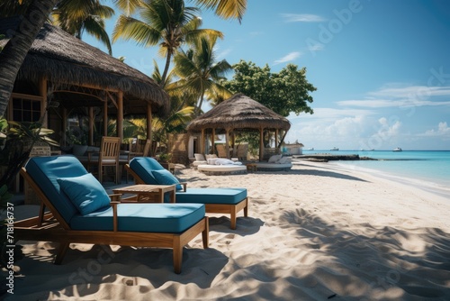 Beautiful beach. Armchairs on a sandy beach next to the sea. Summer holiday and holiday concept for tourism. Inspiring tropical landscape. Calm scenery, relaxing beach, tropical landscaping