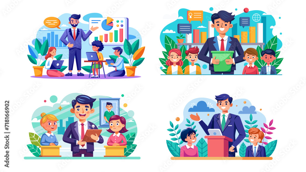 Colorful vector illustrations of business leadership and teamwork concepts