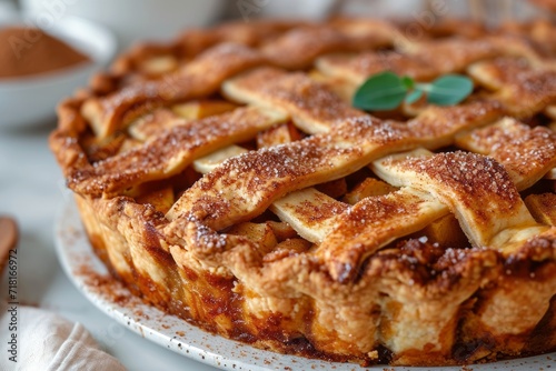 Close-up of an apple pie on a white ceramic plate. Sweet pastry topped with powdered sugar and fresh green mint leaves.