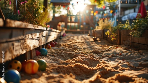 Sandbox with toys. Wooden box with children's toys on the sand in the garden.  Children's sandpit in a children's playroom on a sunny summer day. childhood concept with copy space. photo