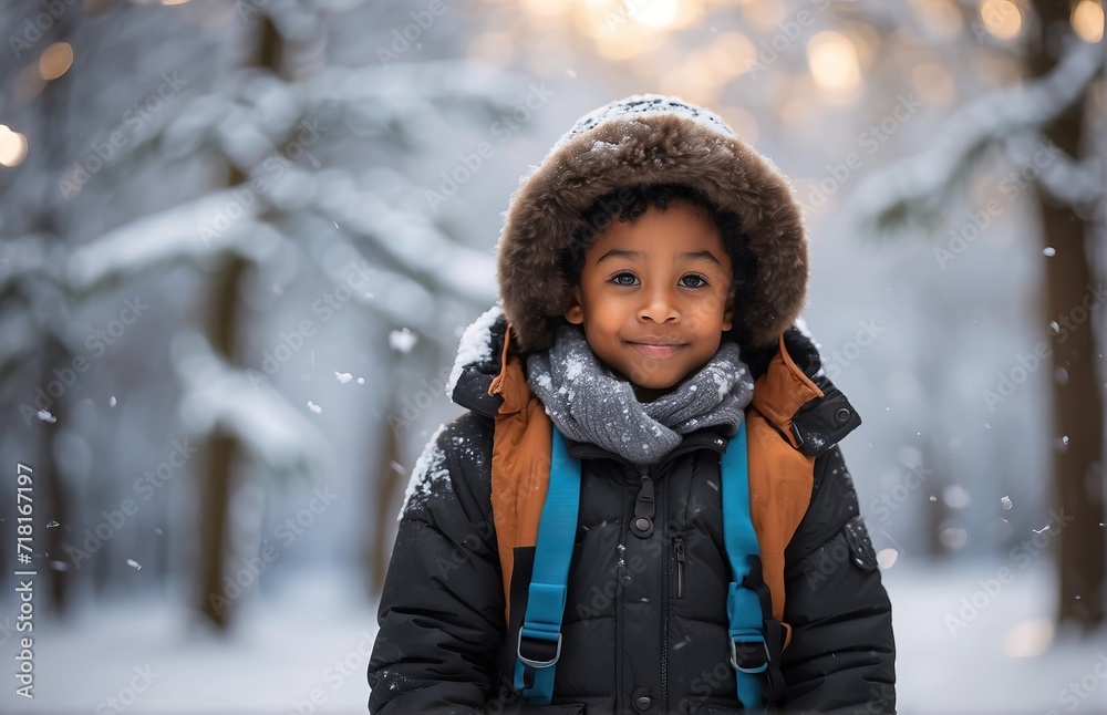 Child with winter snow forest, winter natural background Child with winter snow forest, winter natural background